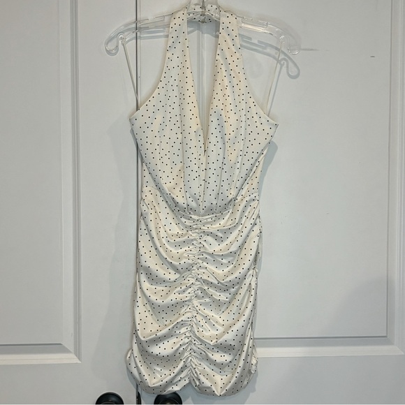 NWT Zara Ivory Black Polka Dot Halter Ruched Drape Mini Dress S - Picture 2 of 12